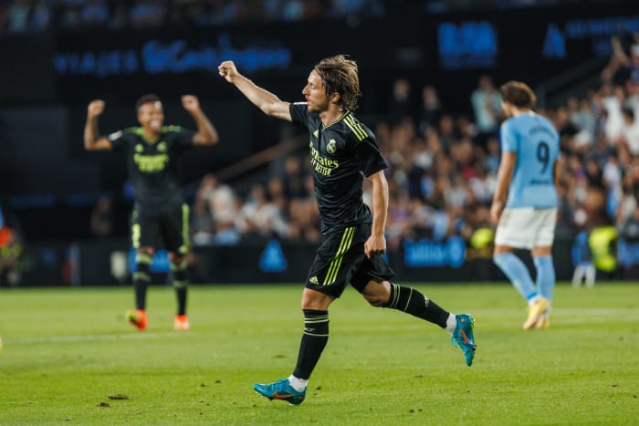 Luka Modric pictured celebrating after scoring from long range during Real Madrid's 4-1 win at Celta Vigo in August 2022